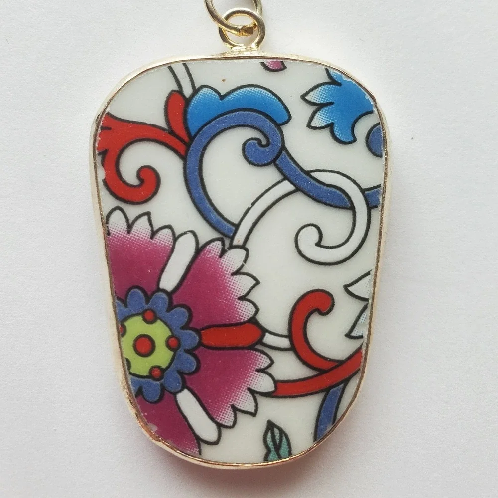 Floral Flourish‎ Chinoiserie Pendant Pink Blue Porcelain Pottery Shard Jewelry